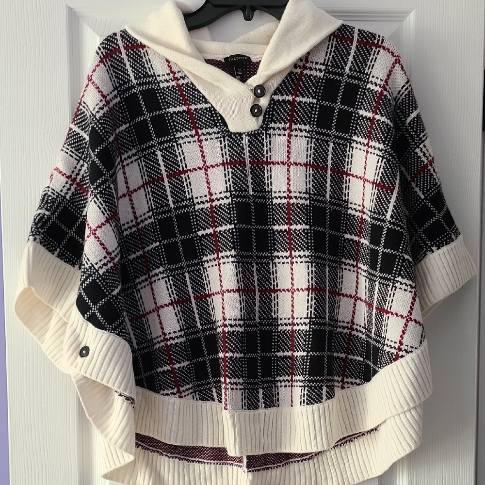 Talbots Black and White Plaid Poncho with Red Accents
